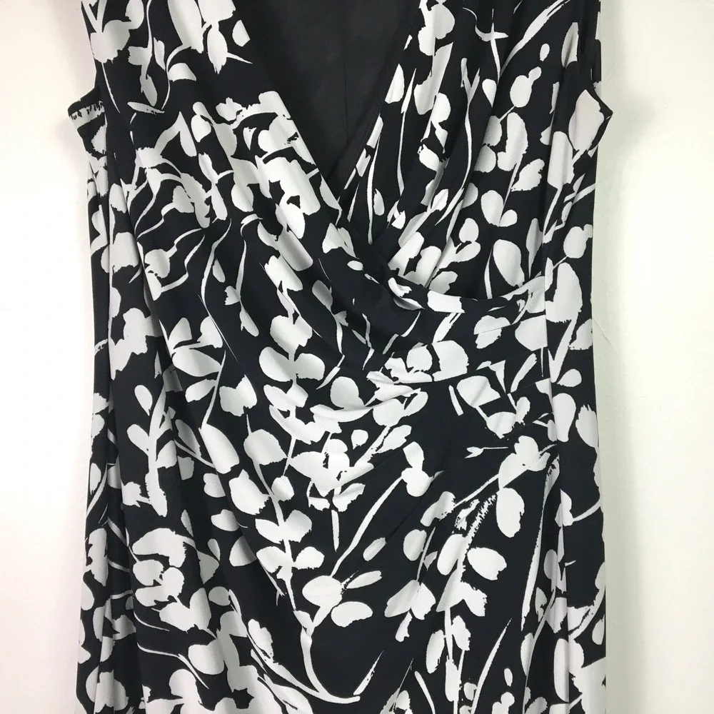 Kasper Floral Print Ruched V-Neck Sheath Dress Size L Black  Pale‎ Gray